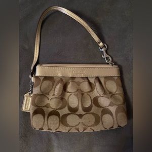 Coach Small Pleated Tan & Gold Signature Monogram Wristlet Zip Pouch Wallet